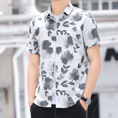 翻领+短袖+印花+潮流+薄款+衬衫