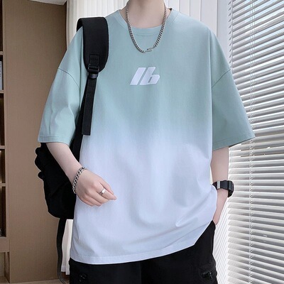 短袖+渐变+男士+冰丝+宽松+潮流