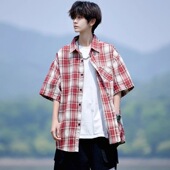 cleanfit红色格子衬衫 格纹衬衣ootd穿搭外套 高级感美式 男短袖 夏季