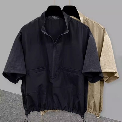 短袖+宽松+半拉链+立领+透气体恤