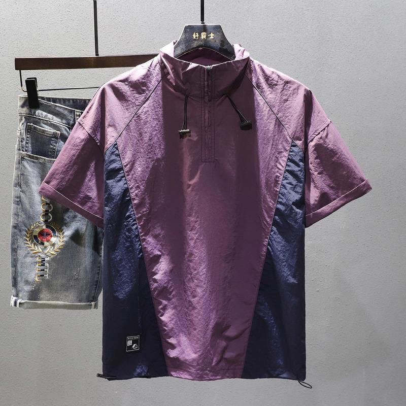 机能风速干冰丝立领男短袖t恤夏季户外轻薄半拉链休闲防晒外套男