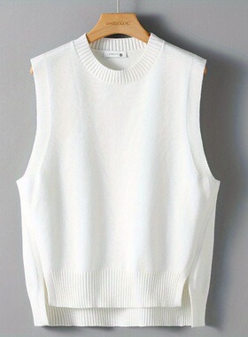 秋冬季新款男士穿搭下摆开叉设计简约休闲纯色针织毛衣马甲背心男