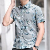 新款 休闲半袖 男士 印花国风衬衫 夏季 休闲抗皱冰丝免烫个性 短袖 时尚