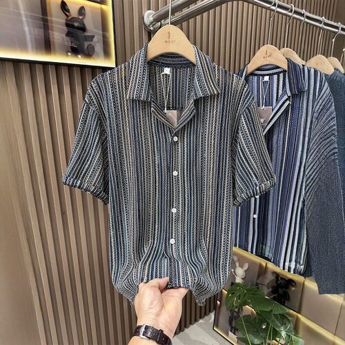 短袖+条纹+镂空+宽松+潮流+透气