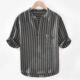 冰丝亚麻衬衣条纹宽松立领短袖 夏季 日系复古套头麻料五分袖 上衣男