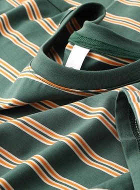 高端帅气上衣潮绿色条纹短袖男修身夏季新款半袖t恤纯棉体恤圆领