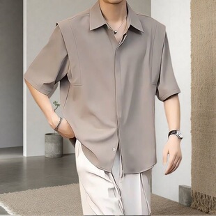 男韩系纯色简约休闲高级感宽松半袖 衬衫 衬衣外套 冰丝垂感短袖 夏季