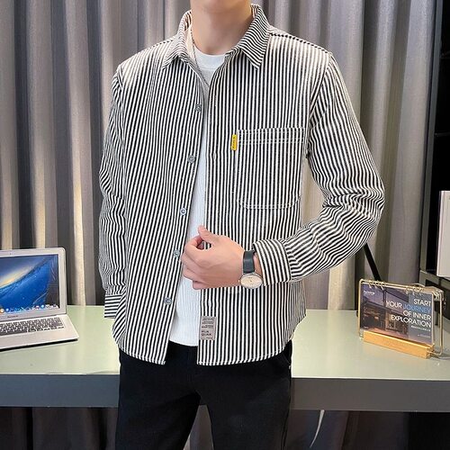 长袖+翻领+条纹+宽松+潮流+衬衫