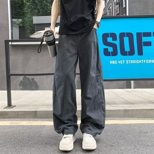 男街头vibe复古显瘦直筒潮牌宽松阔腿长裤 日系百搭打褶弯刀工装 裤