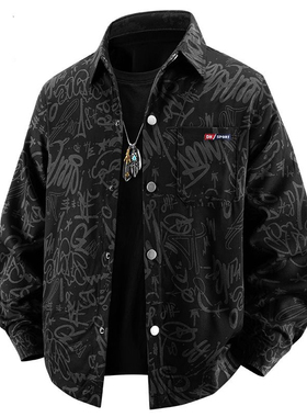 长袖衬衫春秋季百搭宽松早秋字母满印开衫衬衣潮流痞帅青年男外套