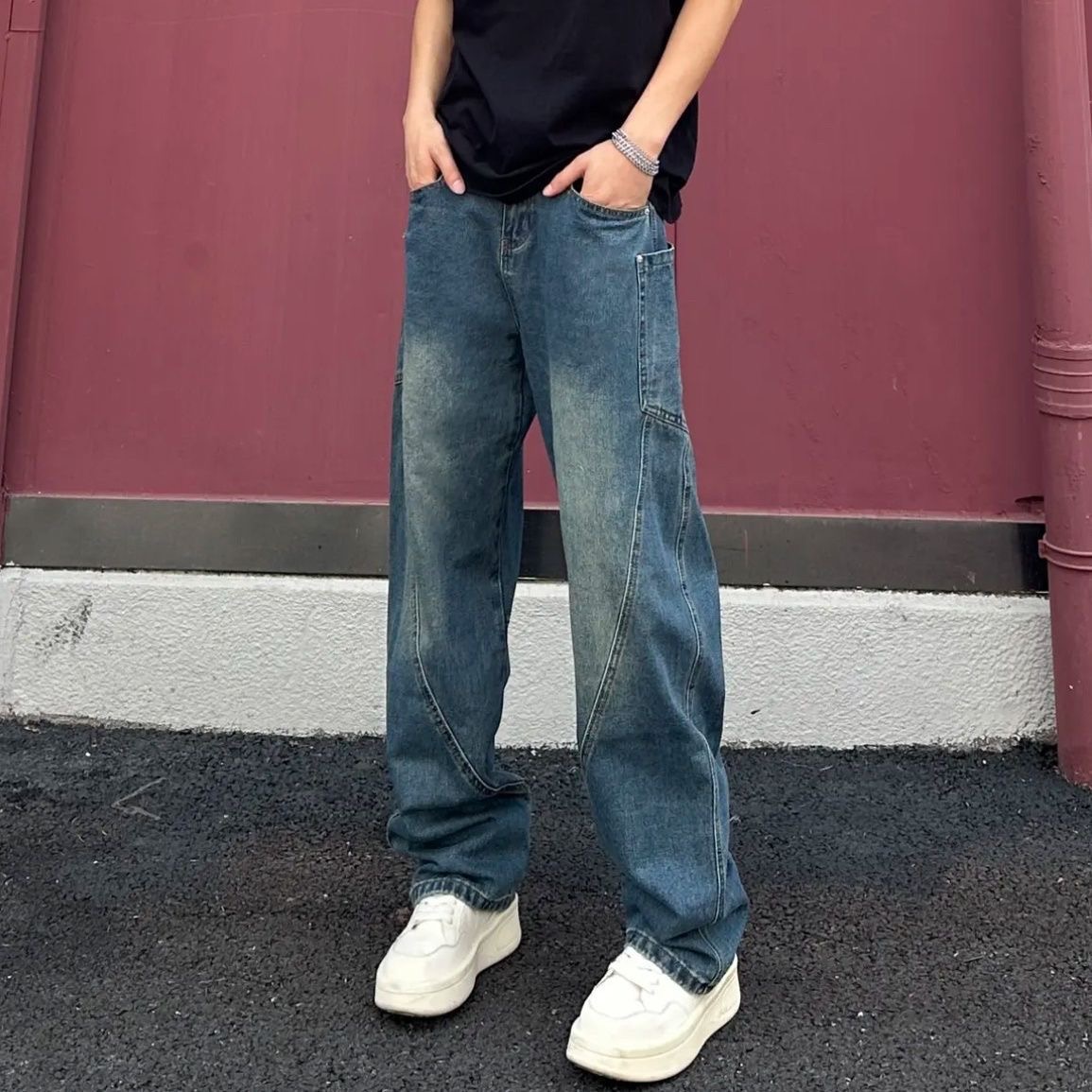 拉链+长裤+拼接+宽松+潮流+直筒