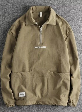 夏季美式复古半拉链Polo领宽松潮牌男士速干冲锋衣工装套头防晒衣