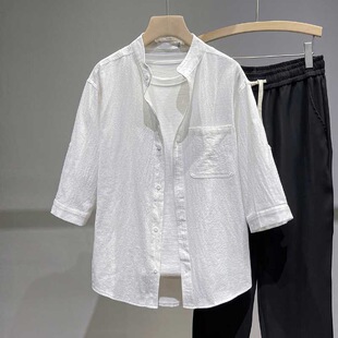 七分袖 韩版 薄款 透气棉麻立领衬衣男短袖 T恤 夏季 时尚 亚麻皱感衬衫