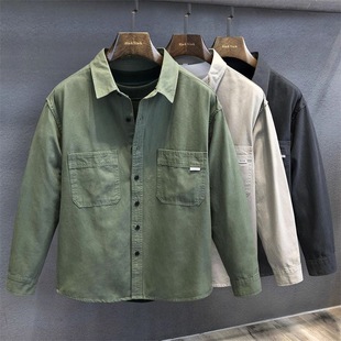法式 纯棉宽松复古青年潮流外套男秋装 重磅质感工装 男士 衬衫 春秋季