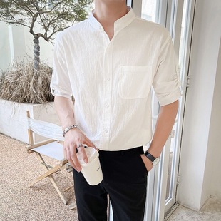 衬衫 男士 男装 夏季 上衣服寸衫 男韩版 立领亚麻五分袖 休闲轻熟风短袖