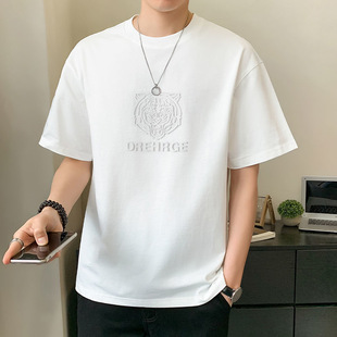 修身 t恤男简约冰丝半袖 高端潮牌ins老虎头凹凸3D立体钢印短袖 夏季
