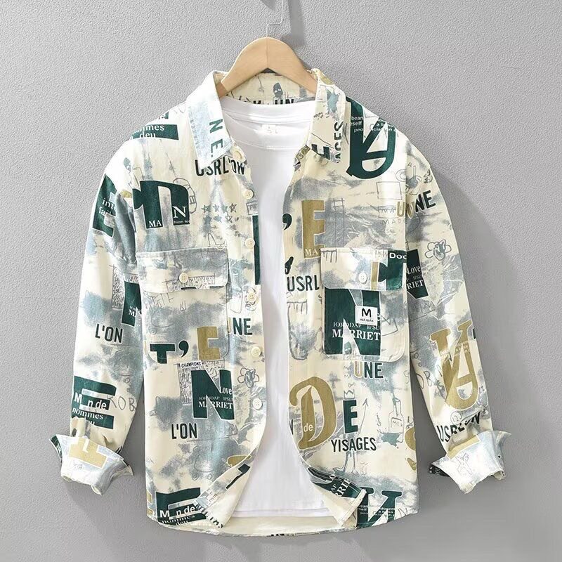 翻领+长袖+日系+印花+衬衫+休闲