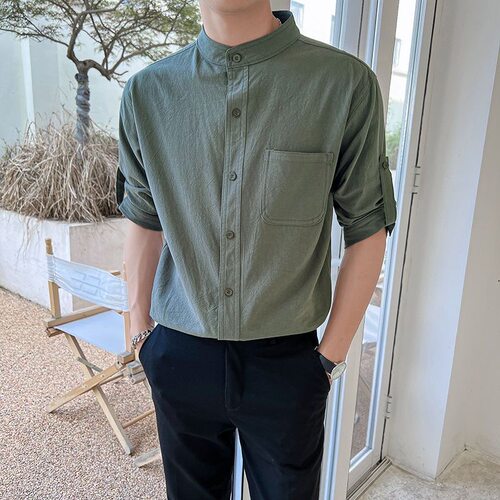 潮牌立领七分袖亚麻休闲衬衫