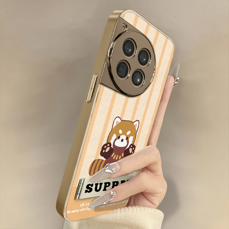 格纹浣熊适用于一加15手机壳1加13T新款12卡通11网红ace6可爱ace5pro女ace3高级2支架全包防摔小羊皮保护套