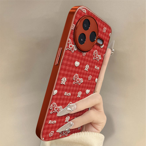 格纹发财小马适用于红米k90手机壳k90promax新年款k80马年k70本命年小羊皮k60防摔50红色note15r男女14支架13