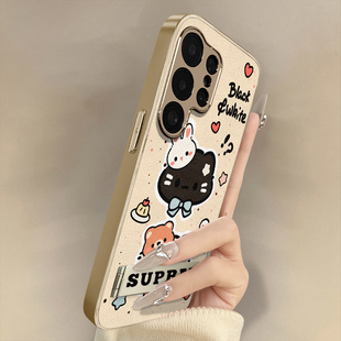黑白小猫适用于三星galaxys25手机壳s24ultra新款 s23ultra卡通22网红s24可爱女高级支架全包防摔小羊皮保护套