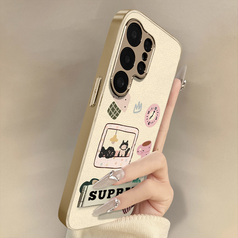 浙皇适用于三星galaxys25手机壳s24ultra新款23小羊皮s22ultra女高级全包防摔支架电镀秋冬可爱s24闹钟小黑猫