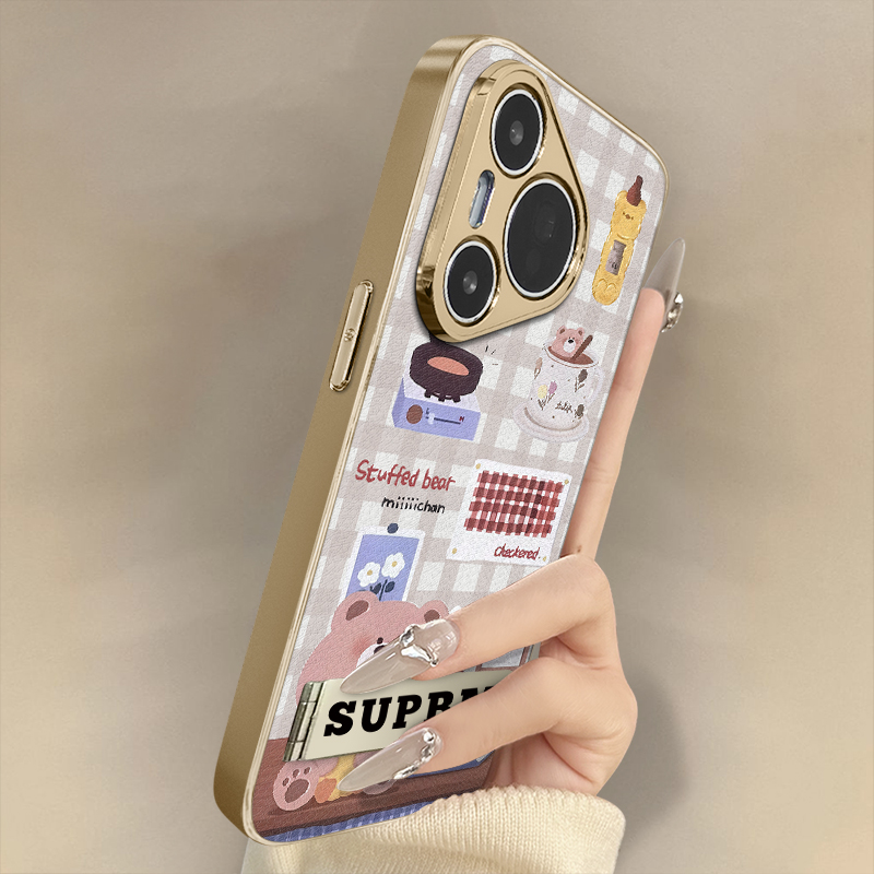 浙皇适用于华为pura80手机壳新款70ultra高级p60可爱p50e男女p40创意防摔支架羊皮卡通网红p30pro格子咖啡熊