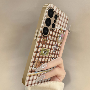 格纹小狗小熊适用于三星galaxys25手机壳s24ultra新款 s23ultra卡通22网红s24可爱女高级支架全包小羊皮保护套