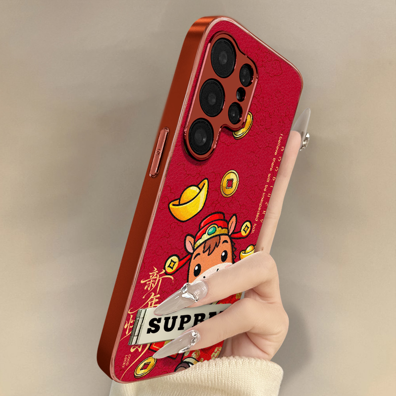 新年快乐适用于三星galaxys25手机壳s24ultra新款s23ultra马年22网红s24国风女高级支架全包防摔小羊皮保护套