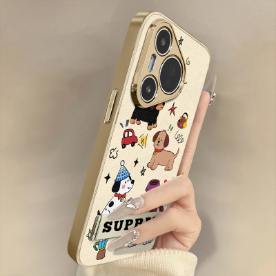 微笑小狗适用于华为pura80手机壳新款70ultra卡通p60网红p50e可爱p40女p30pro高级支架全包防摔小羊皮保护套