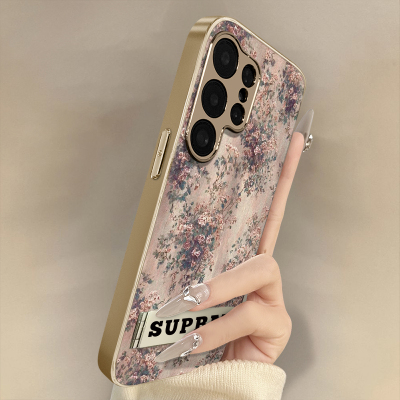 浙皇适用于三星galaxys25手机壳s24ultra新款s23秋冬s22网红轻奢高级感支架全包防摔小羊皮女s24复古油画花朵