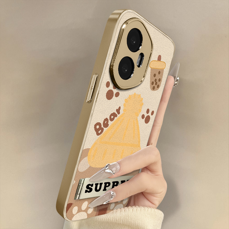 帽子小熊适用于荣耀400手机壳300新款200卡通100pro网红90gt可爱80女高级70支架60全包POWER防摔小羊皮保护套