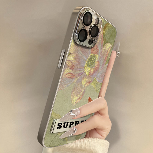荷花锦鲤适用苹果16手机壳iPhone15高级14plus小众13promax中国风12新款女11支架17电镀小羊皮全包防摔保护套