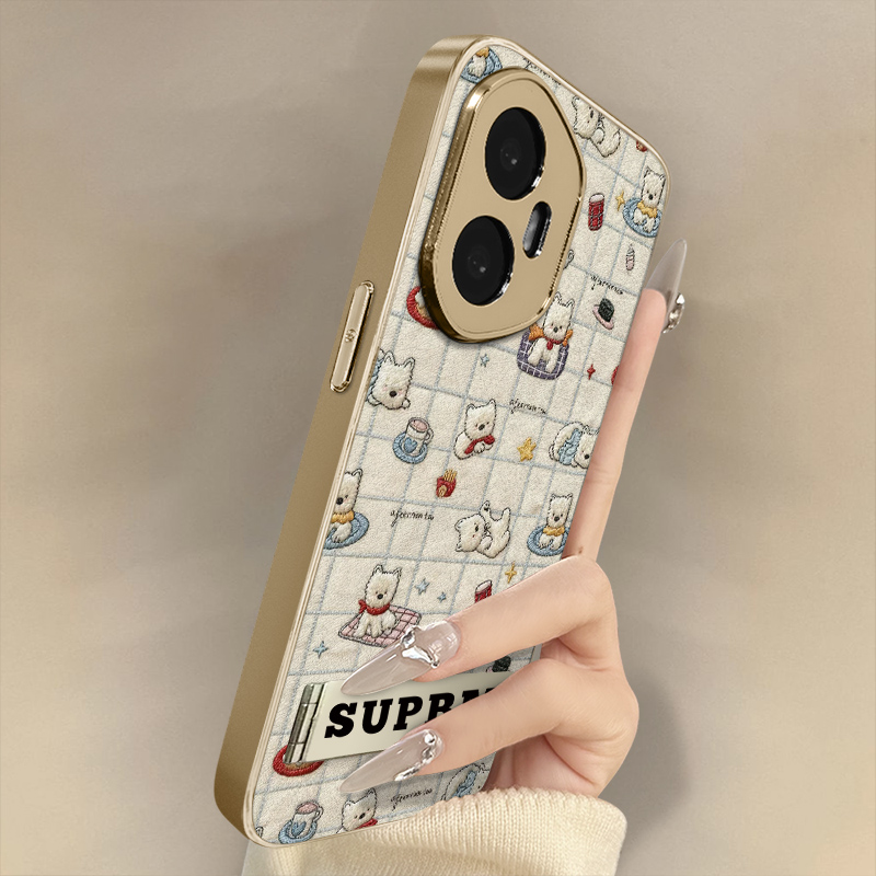 格纹白狗适用于荣耀400手机壳300新款200卡通100pro网红90gt可爱80女高级70支架60全包POWER防摔小羊皮保护套