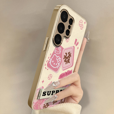 浙皇适用于三星galaxys25手机壳s24ultra新款s23ultra卡通s22可爱女款高级支架全包防摔小羊皮s24发财KT猫