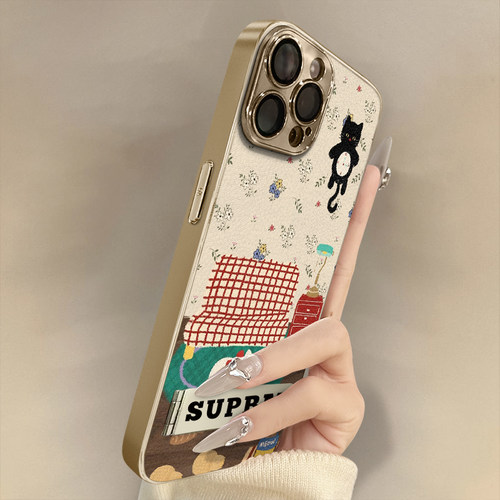 沙发碎花猫咪钟适用苹果16手机壳iPhone15网红14plus卡通13promax创意12新款可爱11女款电镀17羊皮8高级支架