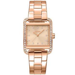代购DKNY唐可娜儿女士腕表防水夜光日期计时金属钢带玫瑰金方形