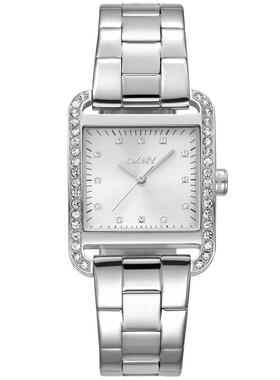 代购DKNY唐可娜儿女士腕表防水夜光日期计时钢带方形镶钻银色