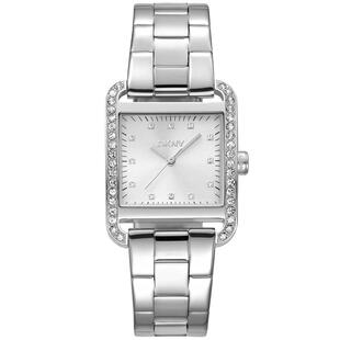 代购DKNY唐可娜儿女士腕表防水夜光日期计时钢带方形镶钻银色