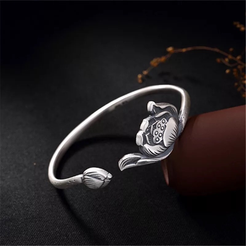 s999纯银个性时尚莲花荷花手镯子泰银复古开口女款手环老银匠手工