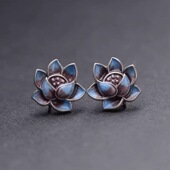 「彩莲」古法烧蓝莲花做旧耳钉女纯银耳饰复古中国风宫廷泰银耳环