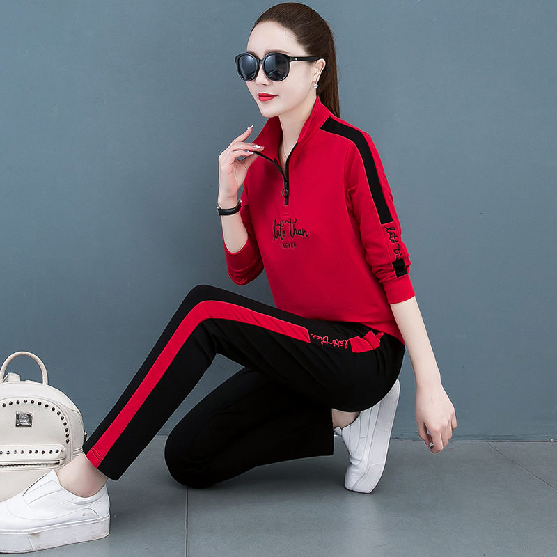 봄과 가을 새로운 스퀘어 댄스 공연 스포츠 정장 여성 서양식 연령 감소 피트니스 모닝 런 캐주얼웨어 스웨터 투피스 세트