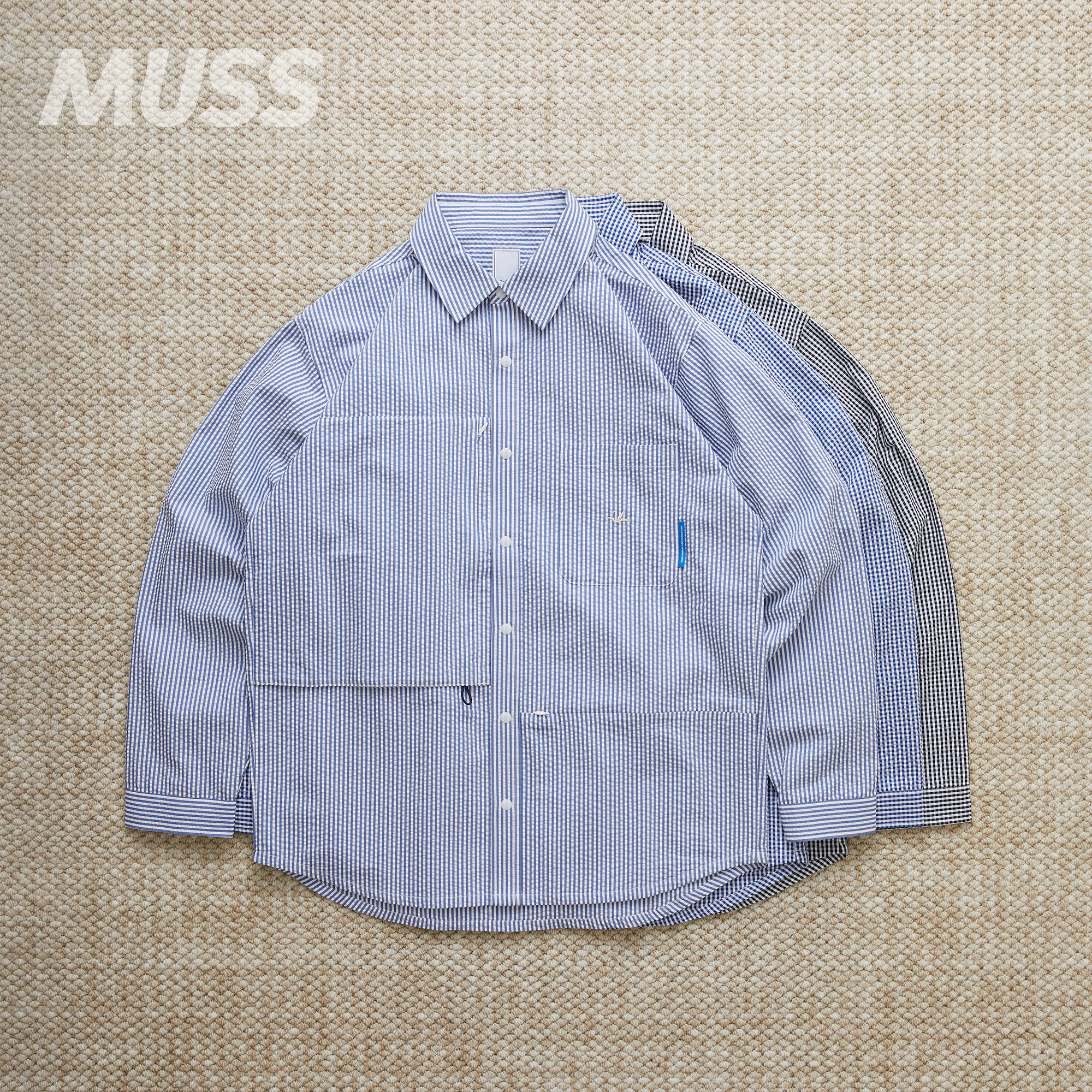 现货 LIBERAIDERS COOLMAX UTILITY SHIRT泡泡纱条纹休闲拼接衬衫