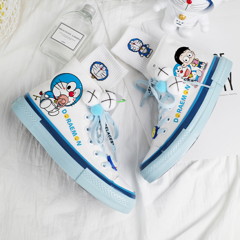 加绒奶油蓝哆啦男鞋2021新款秋冬高帮帆布鞋女百搭情侣板鞋子棉鞋在类目 流行男鞋, 帆布鞋中 - 来自Buy2taobao.com提供专业的淘宝代购服务