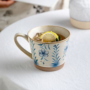 芦苇〖精致好看的杯子〗复古粗陶马克杯蓝色花卉咖啡杯小众喝水杯
