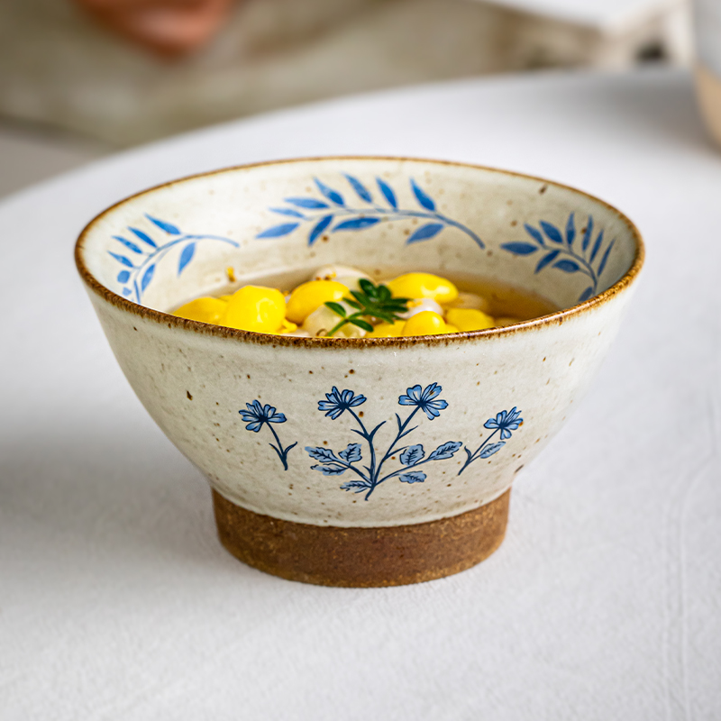 芦苇〖复古感餐具〗5英寸粗陶高脚碗家用日式饭碗陶瓷甜品碗民宿