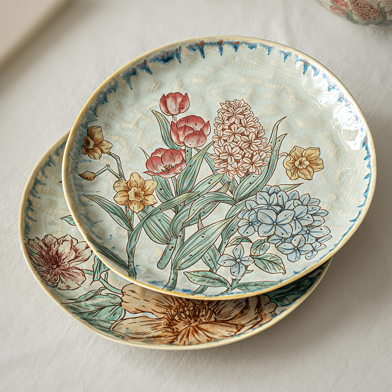 芦苇〖直戳审美〗中古风花卉陶瓷碗盘子高颜值餐盘甜品盘家用饭碗
