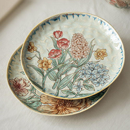芦苇〖直戳审美〗中古风花卉陶瓷碗盘子高颜值餐盘甜品盘家用饭碗