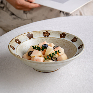 芦苇〖棕色小花〗7.5英寸粗陶芝麻釉斗笠碗家用大碗特色菜碗面碗