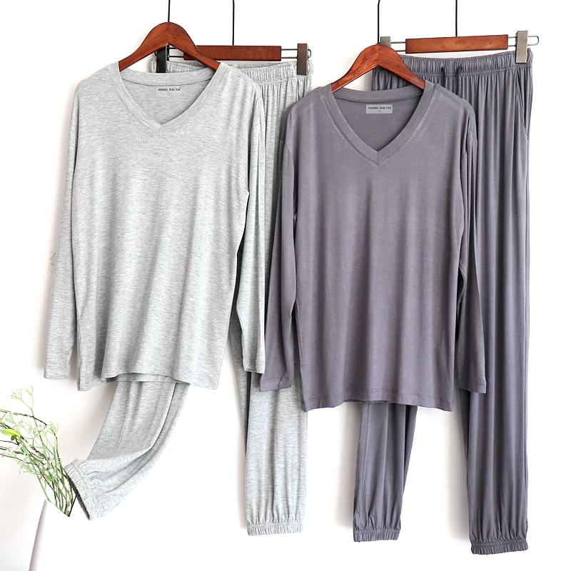 春秋夏莫代尔睡衣男长袖长裤收口家居服套装大码加肥弹力休闲运动